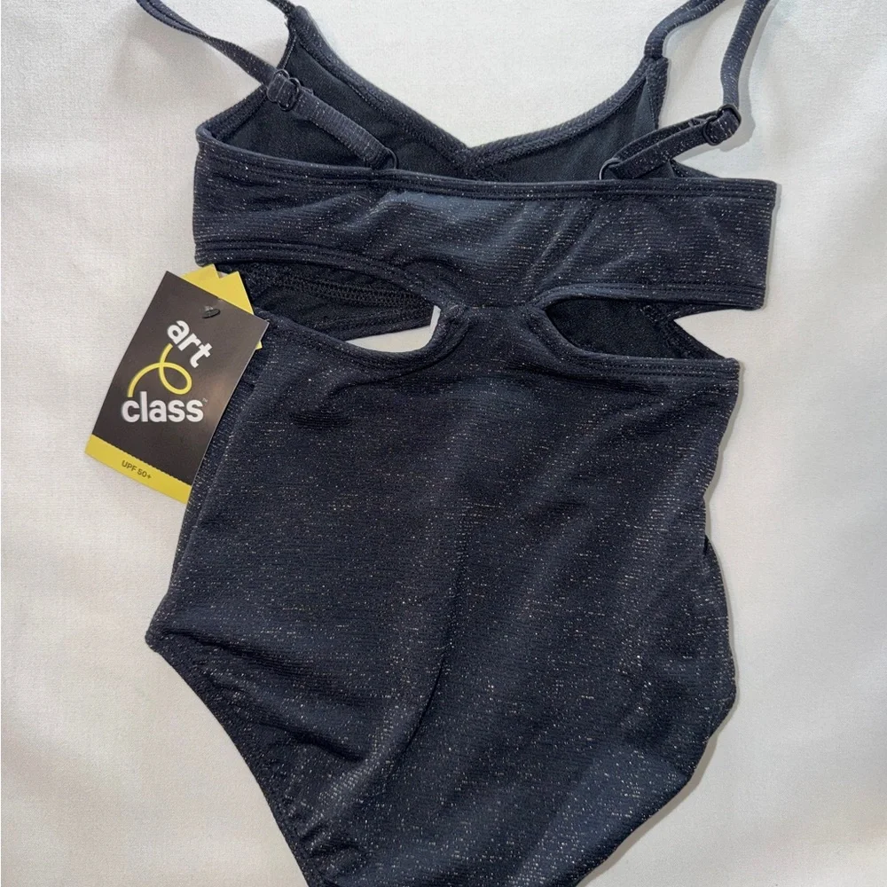 Art Class Girls Black Glitter One Piece Swimsuit XS 4/5 NWT UPF 50+